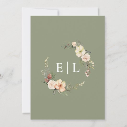 Gouden Folie Sage Groene Kerst Monogram Huwelijk Kaart (Achterkant)