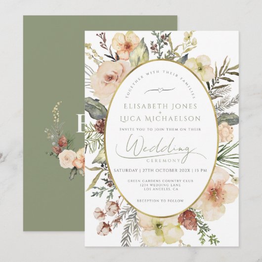 Gouden Folie Sage Groene Kerst Monogram Huwelijk Kaart (Voorkant / Achterkant)