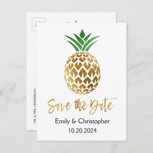 Gouden folie Script Bruiloft Bewaar de datum Anana Aankondigingskaart (Voorkant / Achterkant)