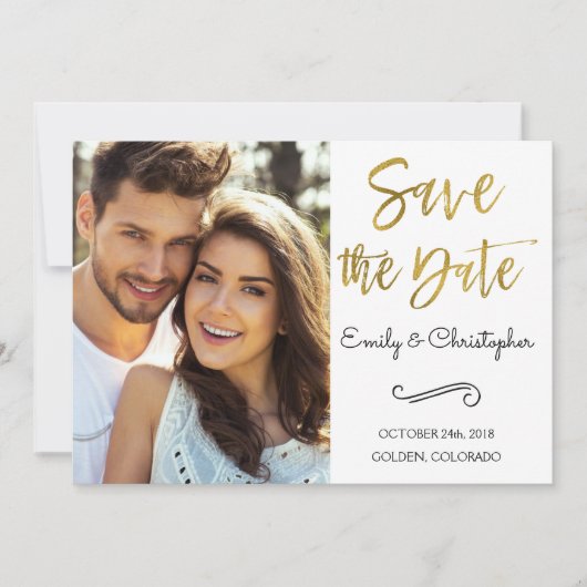 Gouden Folie Script Bruiloft Bewaar de Datum Foto Save The Date (Voorkant)