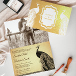 Gouden folie Sepia Peacock Foto Bruiloft uitnodigi Folie Kaarten<br><div class="desc">Verras uw gasten met deze elegante pauw thema gevouwen bruiloft uitnodiging met prachtige echte gouden folie pauwen aan de buitenkant en sepia gekleurde pauw aan de binnenkant tegen een rustieke perkament achtergrond. Voeg eenvoudig uw evenementgegevens toe aan deze gebruiksvriendelijke sjabloon en versier deze kaart met uw favoriete foto om er...</div>