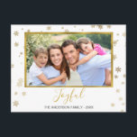 Gouden Folie Sneeuwvlokken Vrolijke Fotokaart Feestdagenkaart<br><div class="desc">Faux Gold Folie Sneeuwvlokken - Vrolijk Vrolijk Kerstfeest - Vakantiefotokaart. Het afbeelding,  de datum en de familienaam kunnen worden vervangen op deze eenvoudige en elegante kerstfotokaart.</div>