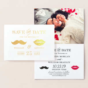 Gouden folie snor lippen bruiloft Save the Date Kaarten