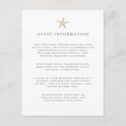 Gouden folie Starfish kust bruiloft gast Details Informatiekaartje (Voorkant)