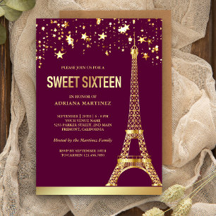 Gouden Folie Sterren Eiffeltoren Roze Sweet Sixtee Kaart