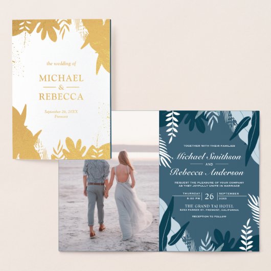 Gouden folie Stoffig Blauw Bladeren Bruiloft Uitno Folie Kaarten (Display)