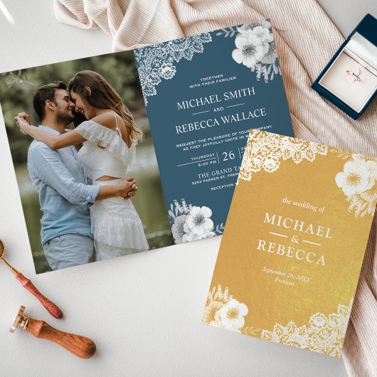 Gouden Folie Stoffig Blauw Bloemen Bruiloft Uitnod Folie Kaarten