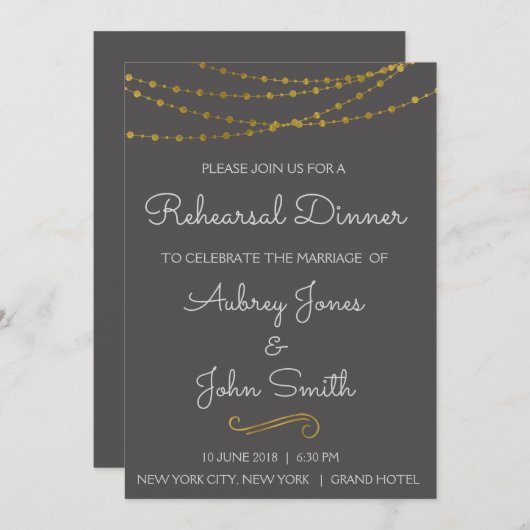 Gouden folie String Lights & Script Repetitie dine Kaart (Voorkant / Achterkant)