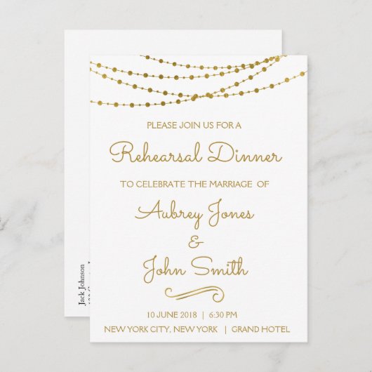 Gouden folie String Lights & Script Repetitie dine Uitnodiging Briefkaart (Voorkant / Achterkant)