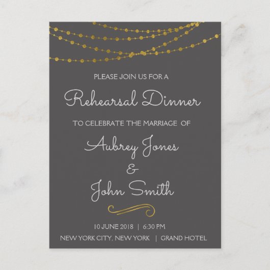 Gouden folie String Lights & Script Repetitie dine Uitnodiging Briefkaart (Voorkant)