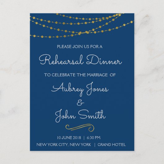 Gouden folie String Lights & Script Repetitie dine Uitnodiging Briefkaart (Voorkant)