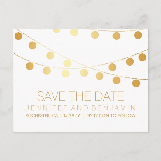 Gouden folie String van Lights Save the Date Aankondigingskaart (Voorkant)