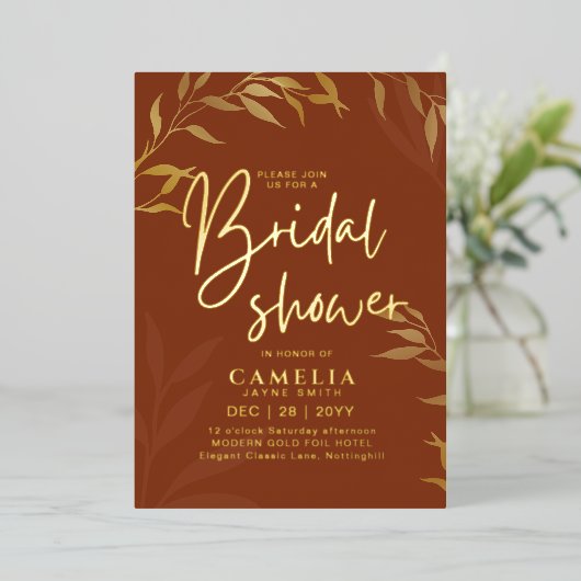 Gouden Folie Terracotta Bladeren BRUIDSSUITE QR Co Folie Uitnodiging (Staand Voorkant)