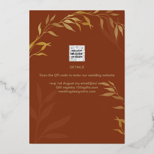 Gouden Folie Terracotta Bladeren BRUIDSSUITE QR Co Folie Uitnodiging (Achterkant)