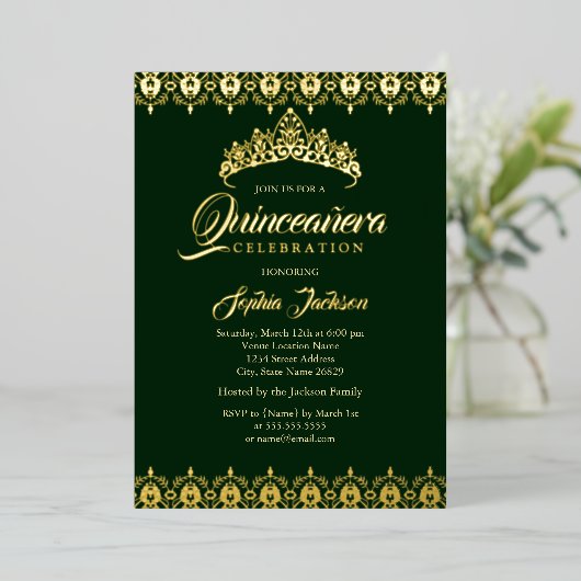 Gouden folie Tiara Smaragd Quinceanera Folie Uitnodiging (Staand Voorkant)