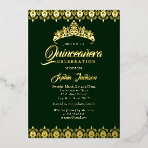 Gouden folie Tiara Smaragd Quinceanera Uitnodiging