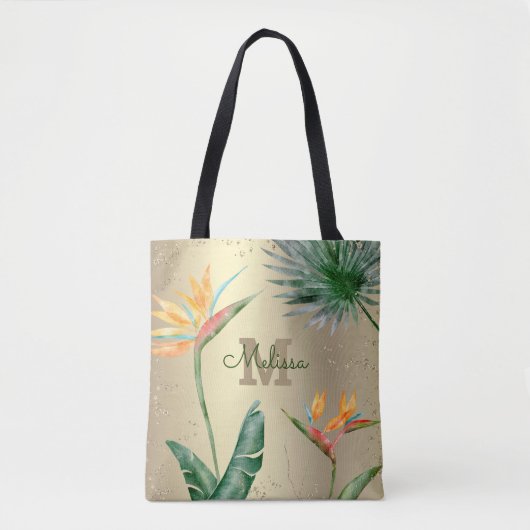 Gouden folie Tropisch eiland Bloemen Monogram Scri Tote Bag (Voorkant)
