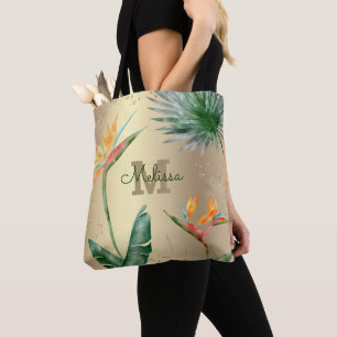 Gouden folie Tropisch eiland Bloemen Monogram Scri Tote Bag