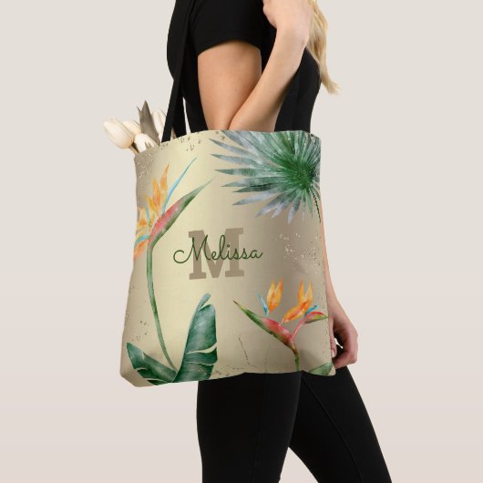 Gouden folie Tropisch eiland Bloemen Monogram Scri Tote Bag (Dichtbij)