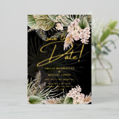 Gouden Folie Tropisch Pampas Gras Trouw Datumkaart Folie Uitnodiging (Staand Voorkant)