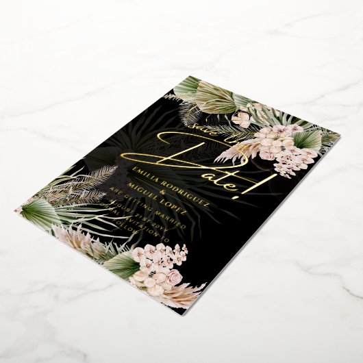 Gouden Folie Tropisch Pampas Gras Trouw Datumkaart Folie Uitnodiging (Gedraaid)