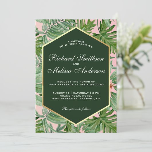 Gouden folie Tropische Groene bladeren Bruiloft Ui Kaart (Staand voorkant)