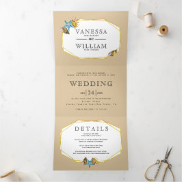 Gouden folie veelhoek schelpen zand strand bruilof drieluik uitnodiging