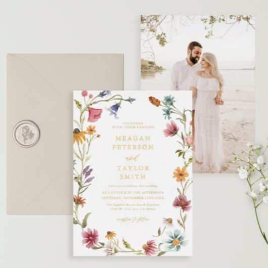Gouden Folie Wilde Bloem Tuin Bruiloft Bruiloft Uitnodiging