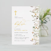 Gouden folie Wildflower Doopuitnodiging Folie Uitnodiging (Staand Voorkant)