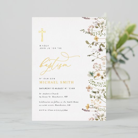 Gouden folie Wildflower Doopuitnodiging Folie Uitnodiging (Staand Voorkant)