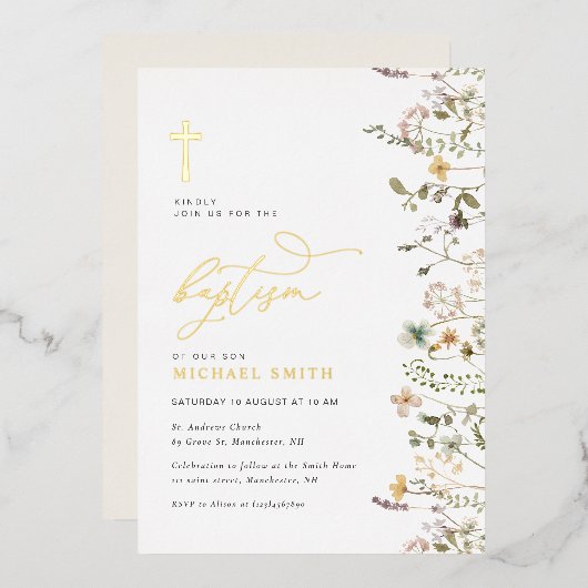 Gouden folie Wildflower Doopuitnodiging Folie Uitnodiging (Voorkant / Achterkant)