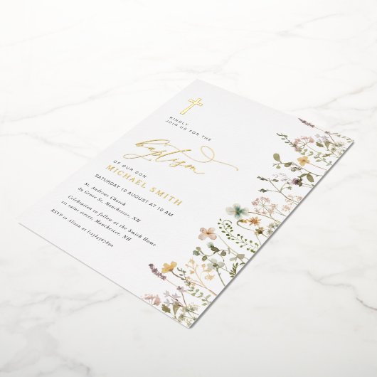 Gouden folie Wildflower Doopuitnodiging Folie Uitnodiging (Gedraaid)