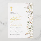 Gouden folie Wildflower Doopuitnodiging Uitnodiging (Voorkant)