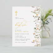 Gouden folie Wildflower Doopuitnodiging Uitnodiging (Staand Voorkant)