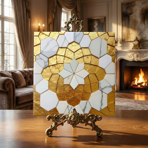 Gouden Folie & Witte Marmeren Geometrische Mozaïek Tegeltje