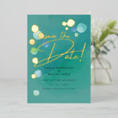 Gouden Folie Zee Glas Turkoois Groen Trouwdatum Folie Uitnodiging (Staand Voorkant)