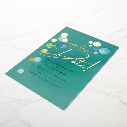 Gouden Folie Zee Glas Turkoois Groen Trouwdatum Folie Uitnodiging (Gedraaid)