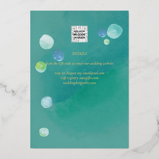 Gouden Folie Zee Glas Turkoois Groen Trouwdatum Folie Uitnodiging (Achterkant)