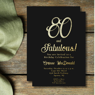 Gouden Folie Zwart 80 &Fabulous 80ste Verjaardagsf Uitnodiging