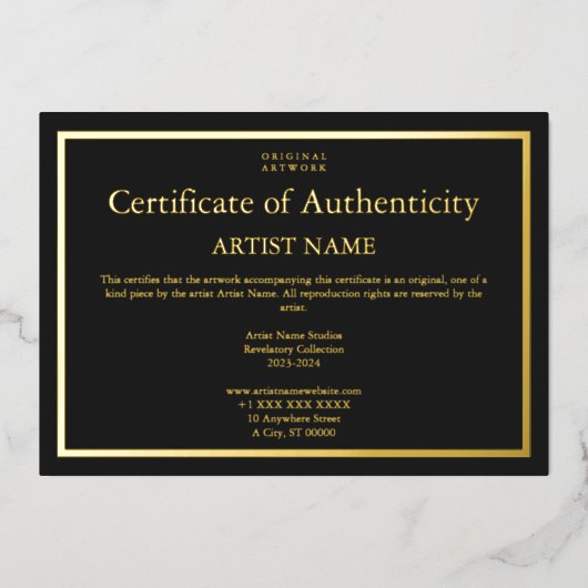 Gouden Folie Zwart Certificaat van Echtheid Art Folie Uitnodiging (Voorkant)