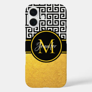 Gouden Folie Zwart en Wit Griekse Sleutel Monogram iPhone 16 Hoesje