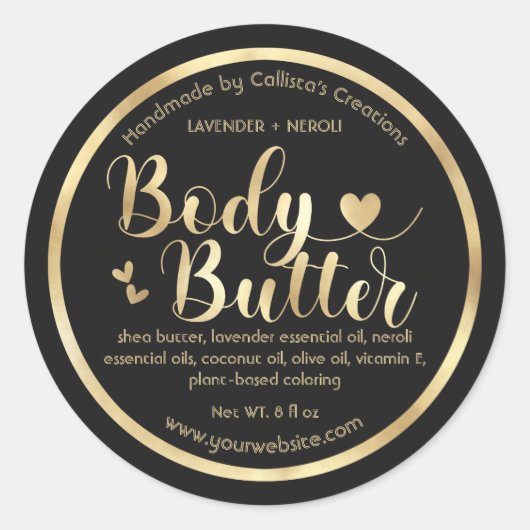 Gouden folie Zwart Harten Rand Shea Body Butter Ronde Sticker (Voorkant)