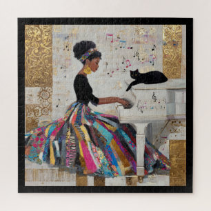 Gouden Folie Zwarte Dame Pianiste en Kat Legpuzzel