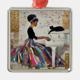 Gouden Folie Zwarte Dame Pianiste en Kat Metalen Ornament