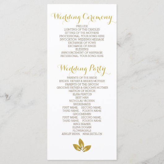 Gouden folieboom modern huwelijksprogramma programmakaart (Achterkant)