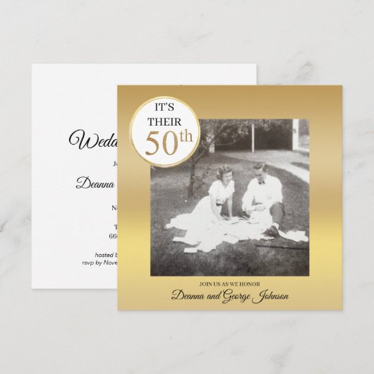 Gouden foto 50ste huwelijksjubileum uitnodiging (Voorkant / Achterkant)