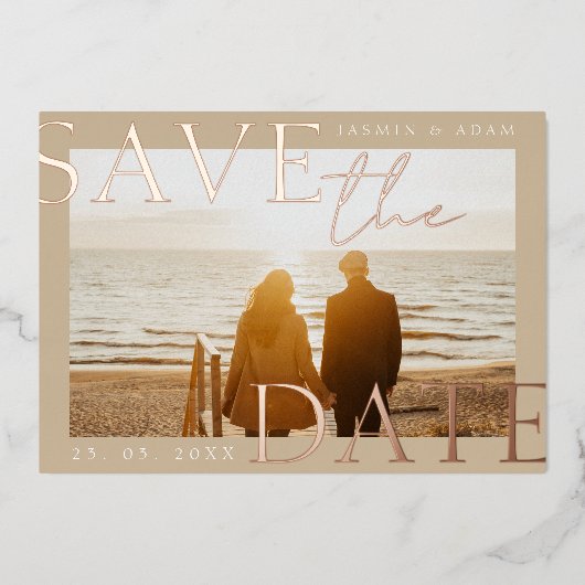 Gouden Foto Bruiloft Save the Date Roos Gold Folie Uitnodiging (Voorkant)