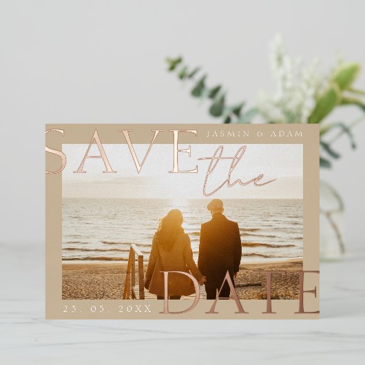 Gouden Foto Bruiloft Save the Date Roos Gold Folie Uitnodiging (Staand Voorkant)