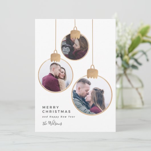 Gouden foto-collage Kerst familiereiskaart Feestdagenkaart (Staand voorkant)