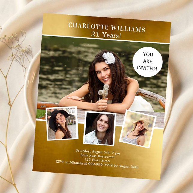 Gouden foto collage verjaardagsuitnodiging (Creator heeft geüpload)